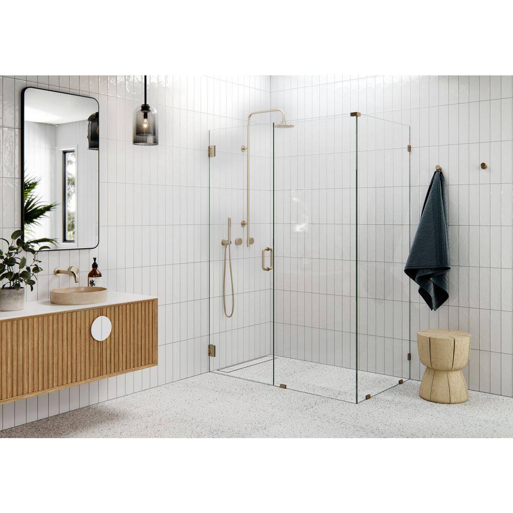 53 in. W x 32 in. D x 78 in. H Pivot Frameless Corner Shower Enclosure in Brushed Bronze Finish with Clear Glass price history on PriceWatchPro