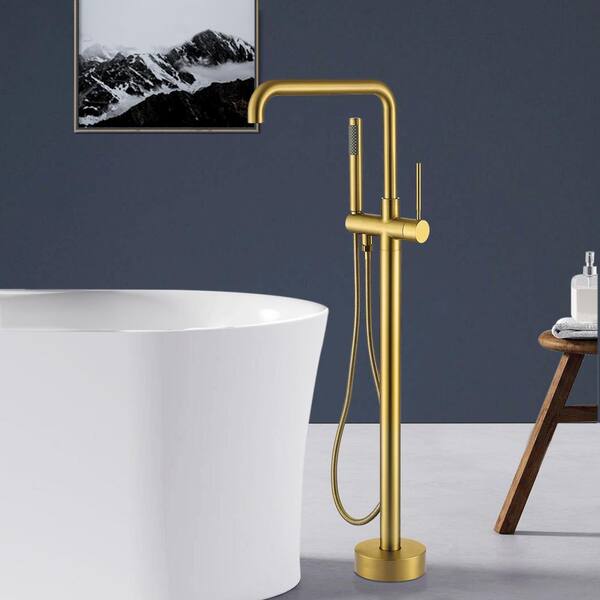 Floor Mounted Graceful Single-Handle Freestanding Bathtub Faucet with Hand Shower in Brushed Brass