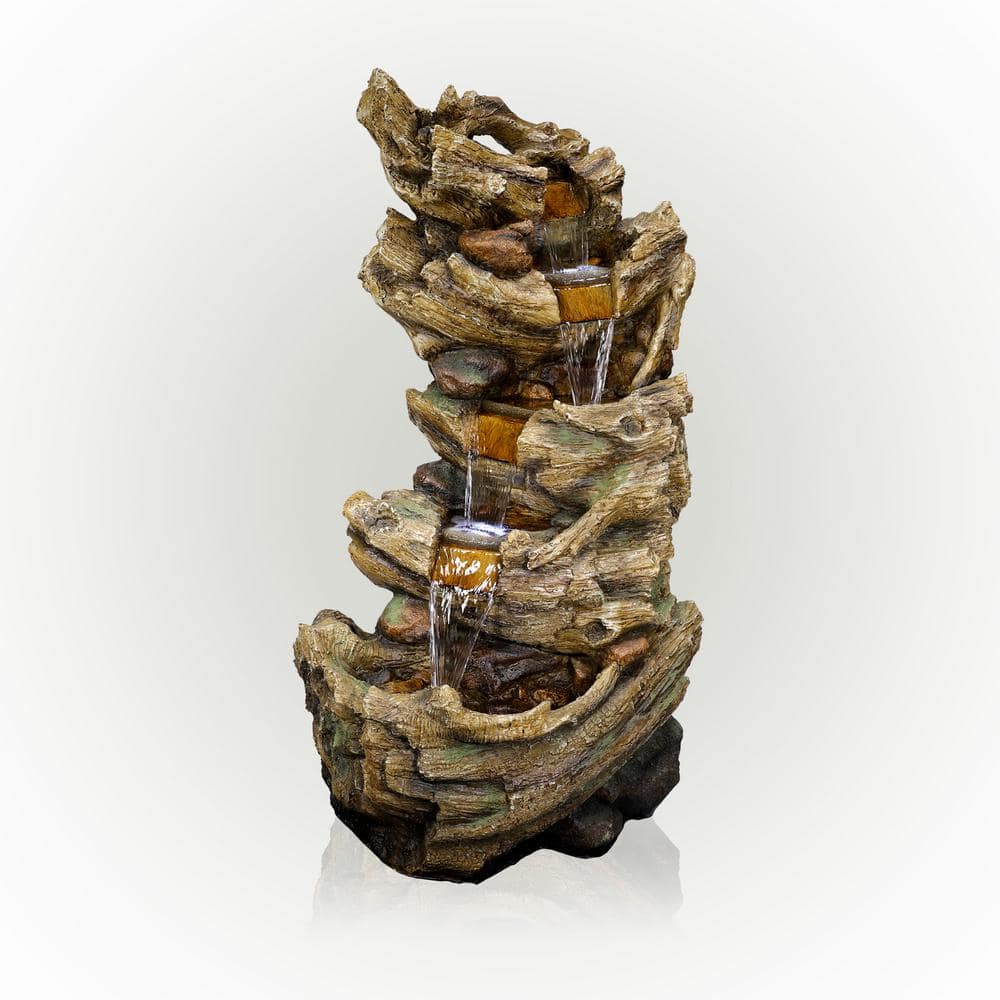 Alpine 5-Tier Waterfall Trunk Fountain with LED Lights, 47" Tall