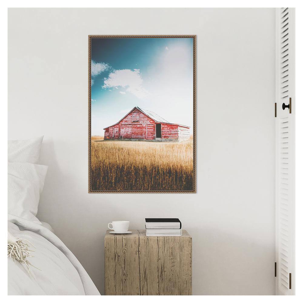 Large Red Barn Framed Canvas Wall Art with Beaded Bronze Frame