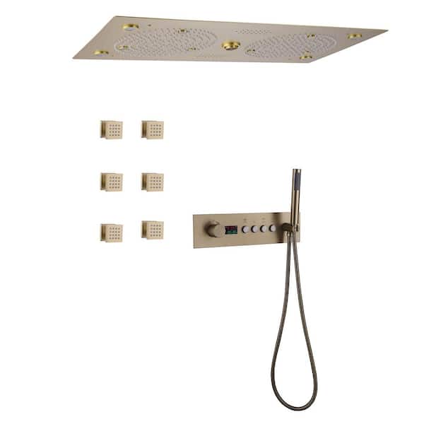 Tomfaucet Luxury LED Thermostatic Single-Handle 4-Spray Patterns Ceiling Mount Shower Faucet in Brushed Gold (Valve Included)