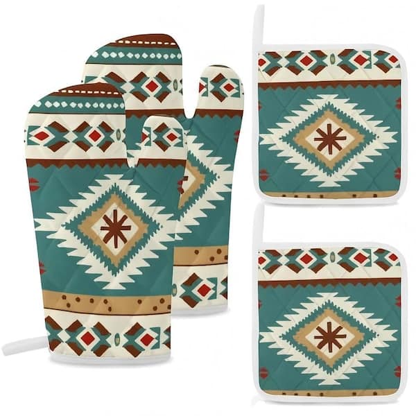 Premium Green Print Soft Lined Heat Resistant Pizza Oven Mitts and Pot Holders Set with Hanging Loops 4-Piece