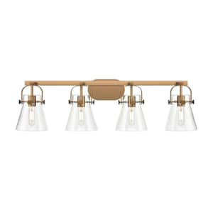 Pilaster II Cone 36.5 in. 4-Light Brushed Brass Vanity Light with Glass Shade