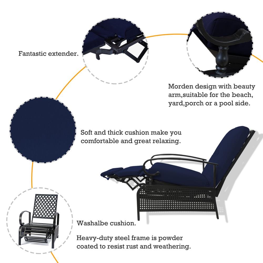 Navy Blue Cushioned Steel Outdoor Reclining Lounge Chair