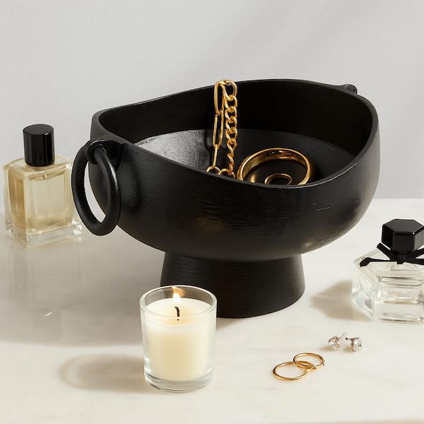16 in. Black Round Pedestal Decorative Bowl With Ring Handles