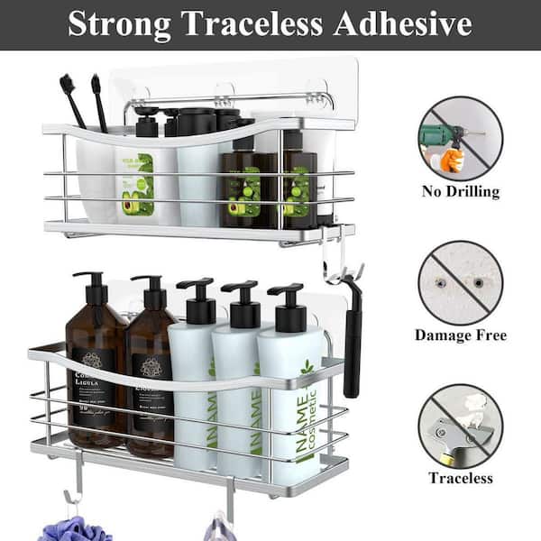 KINCMAX Shower Caddies (2 Pack), Rustproof Stainless Steel, Adhesive Wall  Mount Baskets with 4 Hooks (Polished Silver)