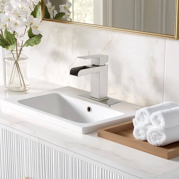 Arc Waterfall Single Handle Single Hole Bathroom Faucet with Drain Kit Included in Nickel