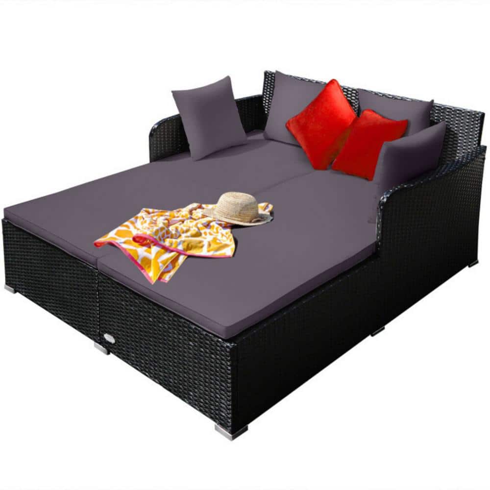 Wicker Outdoor Patio Conversation Set Spacious Rattan Daybed with Gray Upholstered Cushion price history on PriceWatchPro