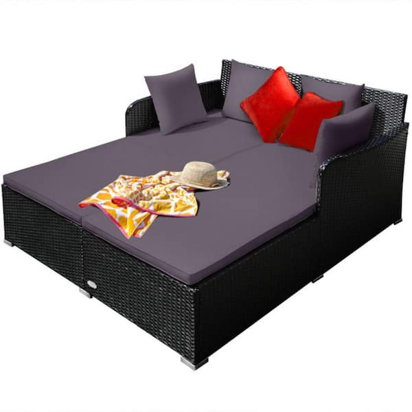 Wicker Outdoor Patio Conversation Set Spacious Rattan Daybed with Gray Upholstered Cushion