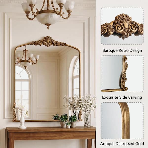 37 in. W x 40 in. H Baroque Carved Vintage Gold Arched Framed Wall Bathroom Vanity Mirror