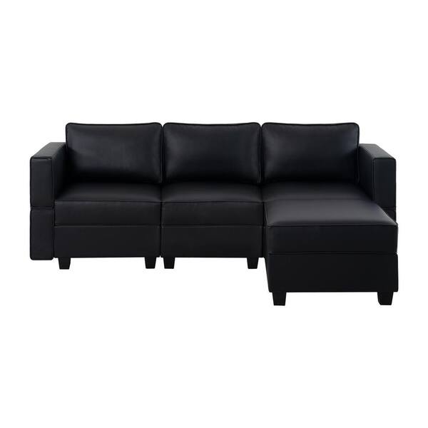 HOMESTOCK 87.01 in. W Faux Leather Sofa with Ottoman Streamlined Comfort for Your Sectional Sofa in Black
