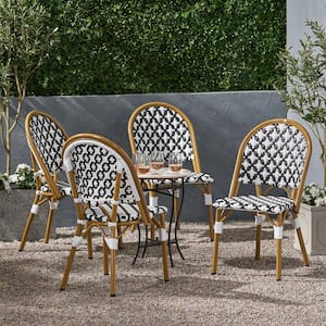 Louna Bamboo Print Finish Patterned Faux Rattan Outdoor Patio French Bistro Chair in Black and White (4-Pack)