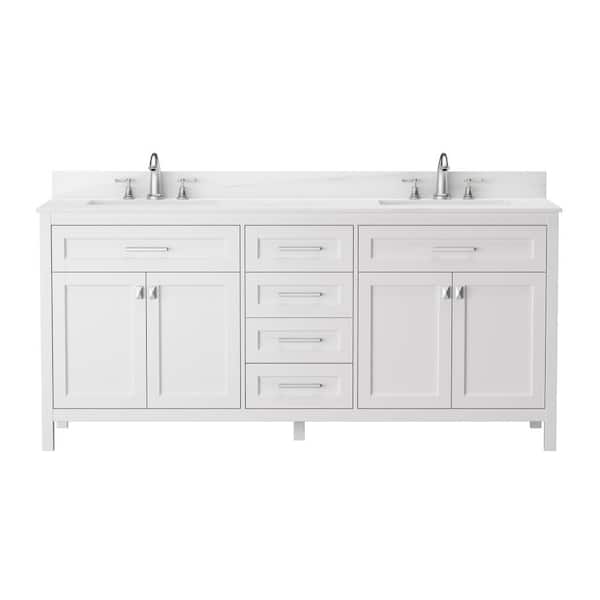 VANITYFUS Solid Wood 72 in. W x 22.24 in. D x 34 in. H Double Sinks Vanity Cabinet in White with Carrara White Natural Marble Top