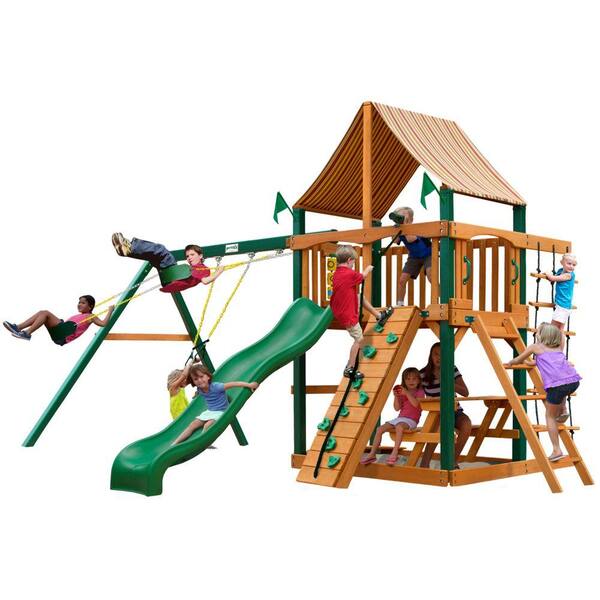 Gorilla Playsets Chateau with Timber Shield and Sunbrella Weston Ginger Canopy Cedar Swing Set