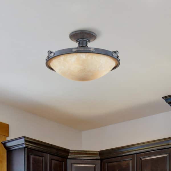 Austin 16.25 in. 3-Light Weathered Saddle Rustic Entryway Semi-Flush Mount with Satin Crepe Glass Shade