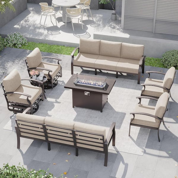 Halmuz 10-Seat Aluminum Patio Fire Pit Set with armrest, Swivel Rocking Chairs, Coffee Table and Sand Cushions