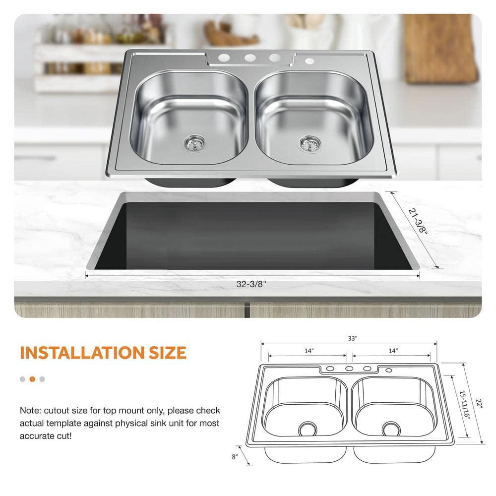 33'' Brushed Stainless Steel Double Bowl Kitchen Sink with Faucet