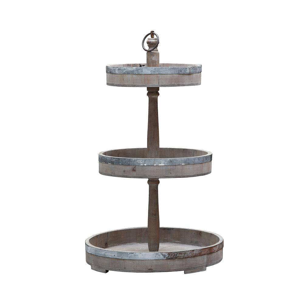 Grace 3-Tier Round Mango Wood & Tin Decorative Tray in Silver