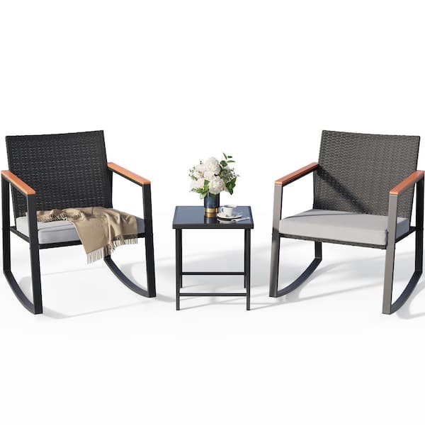 3-Pieces Outdoor Patio Wicker Furniture Set with Anti-Scald Armrest, Rocking Chair with Cushion for Garden, Gray