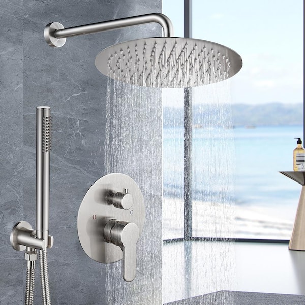 Rain Single Handle 1-Spray w/Valve 1.8GPM 12 in. Pressure Balance Dual Shower Head Hand Shower Faucet in Brushed Nickel