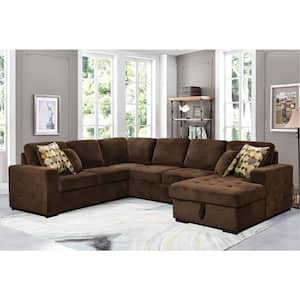 123 in. U Shaped Polyester Sectional Sofa in. Chocolate with Pull-out bed, Storage Chaise and 4 Throw Pillows