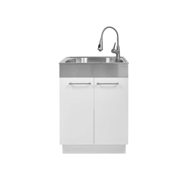 24 in. W x 21 in. D x 34 in. L Freestanding Stainless Steel Apron-Front Laundry Sink with Faucet and Cabinet in White