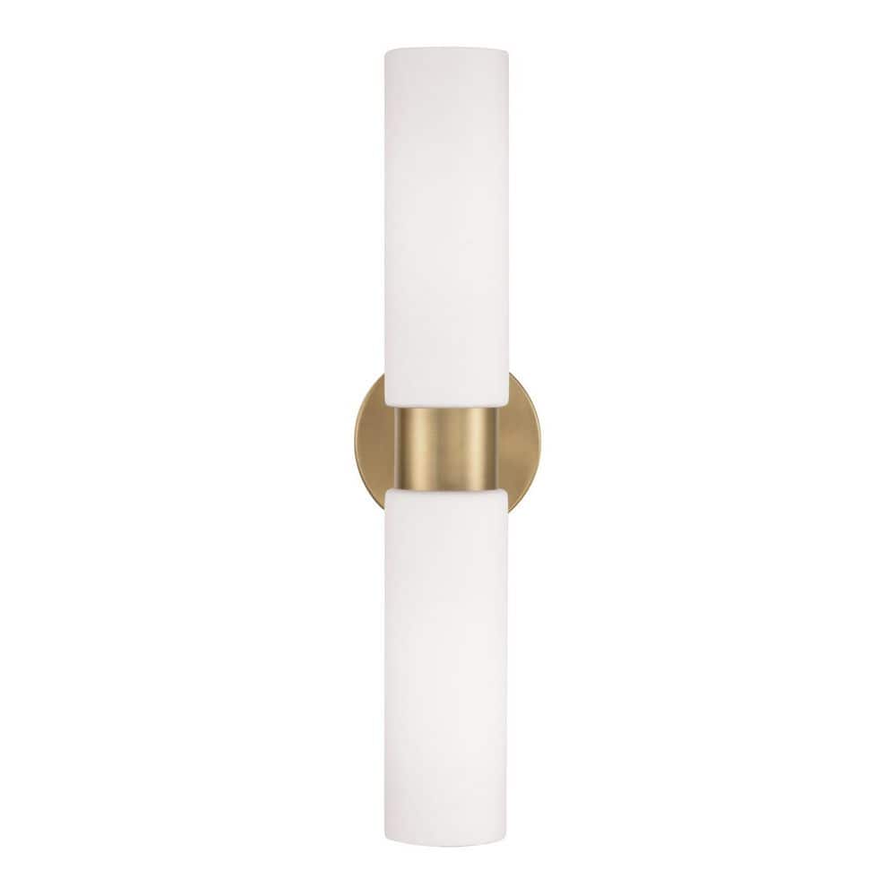 Aged Brass and White Glass Dual Cylinder Wall Sconce