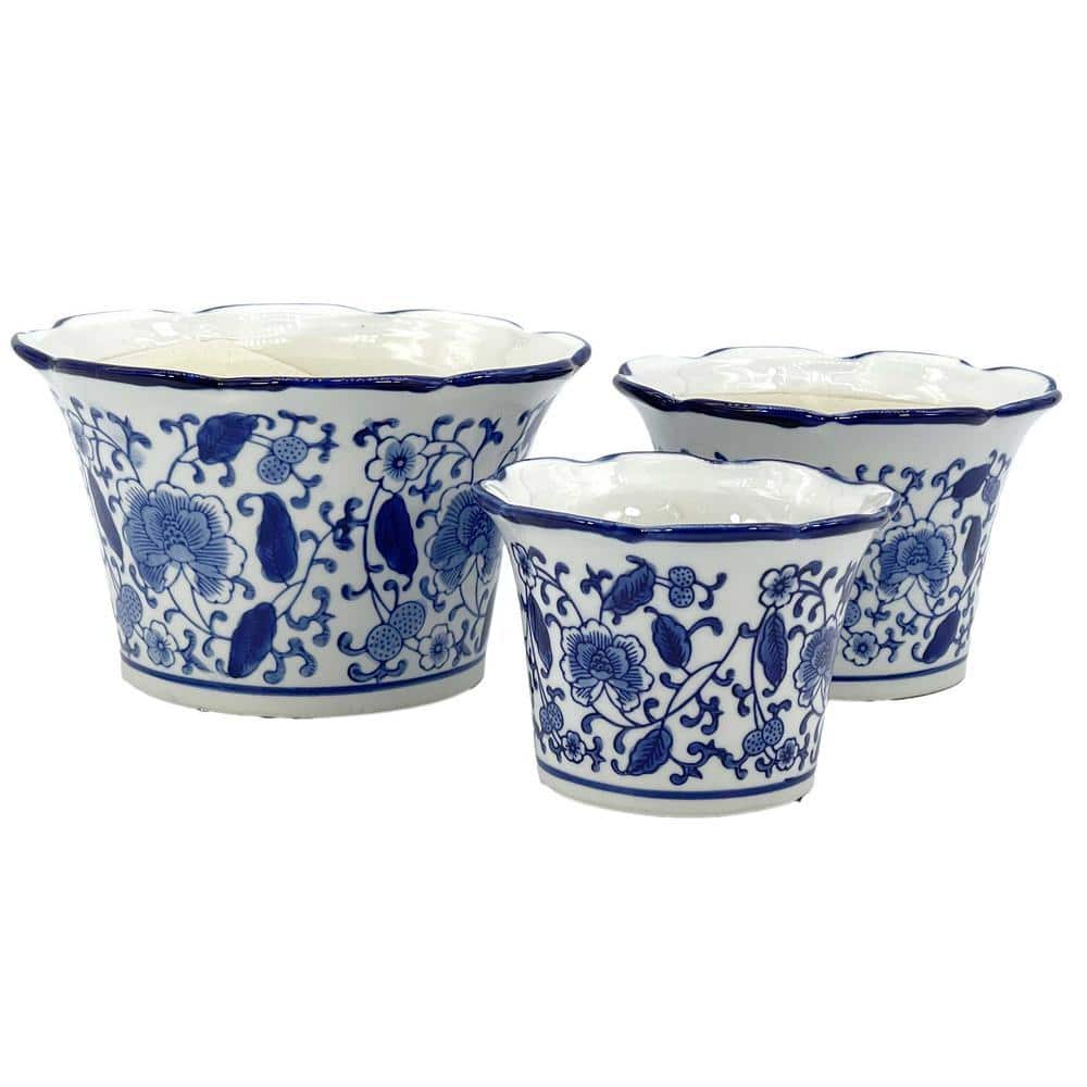 Set of 3 Blue & White Floral Ceramic Pots Ruffled Lip price history on PriceWatchPro