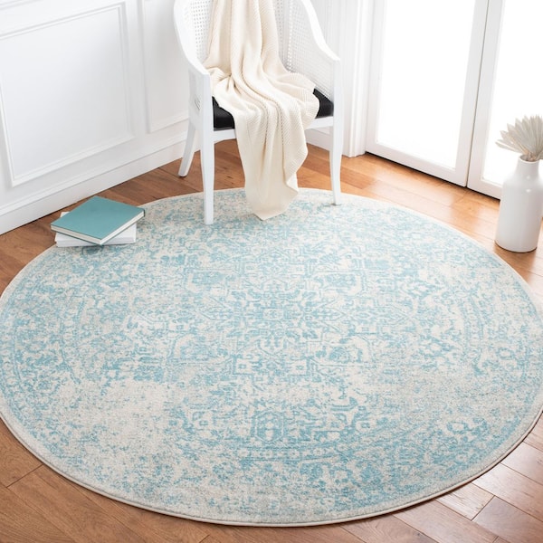 Evoke Ivory/Aqua  7 ft. x 7 ft. Distressed Border Medallion Round Area Rug