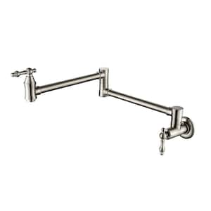 Wall Mounted Pot Filler with Double Joint Swing Arm Two Handle Brass Folding Kitchen Basin Faucets in Brushed Nickel