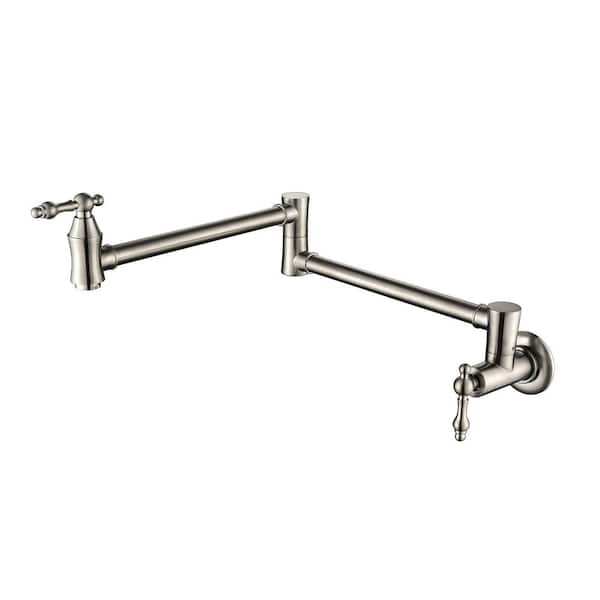 AIMADI Wall Mounted Pot Filler with Double Joint Swing Arm Two Handle Brass Folding Kitchen Basin Faucets in Brushed Nickel