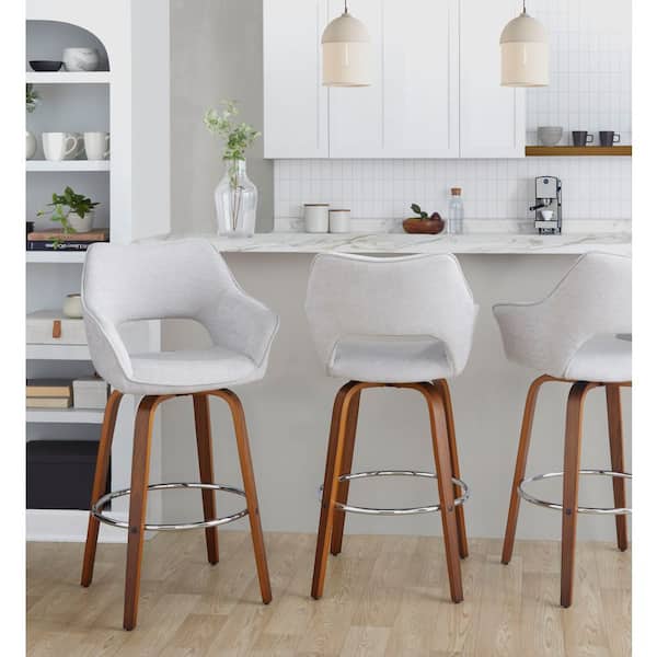Mustang 30 in. Walnut Wood and Grey Fabric Fixed-Height Xl Barstool with Round Footrest (Set of 2)