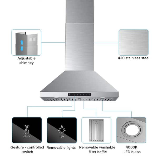 36 in. Wall Mount Range Hood with LED Light in Stainless Steel with Gesture Sensing & Touch Control Switch Panel