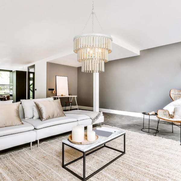 【E ❤︎ 】 Zevni Modern 18.5 in. 3-Light Antique White Wooden Chandelier