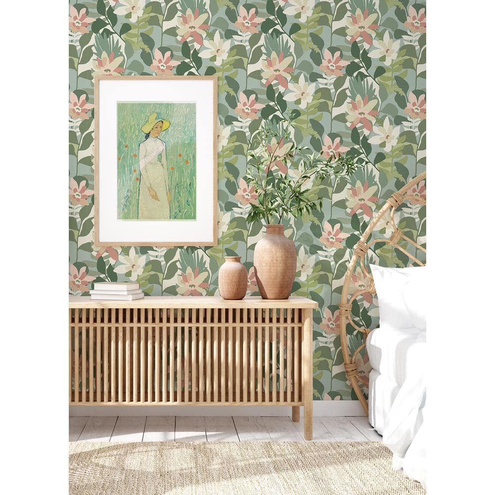 Green Floral Non-Woven Removable Wallpaper Roll