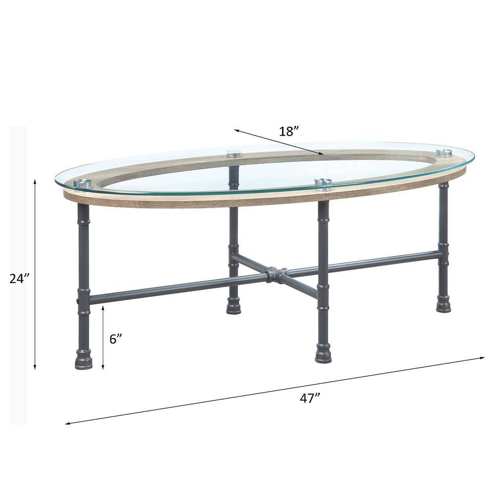 Industrial Oval Glass Top Coffee Table with Metal Frame
