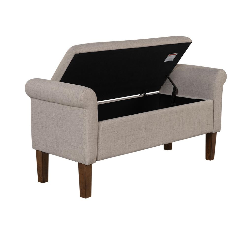 Cream Upholstered Storage Bench with Rolled Armrests