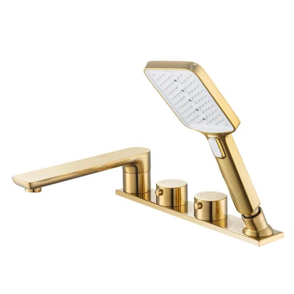WOODBRIDGE Widespread 2-Handle Deck Mount Roman Tub Faucet with Hand Shower in Brushed Gold