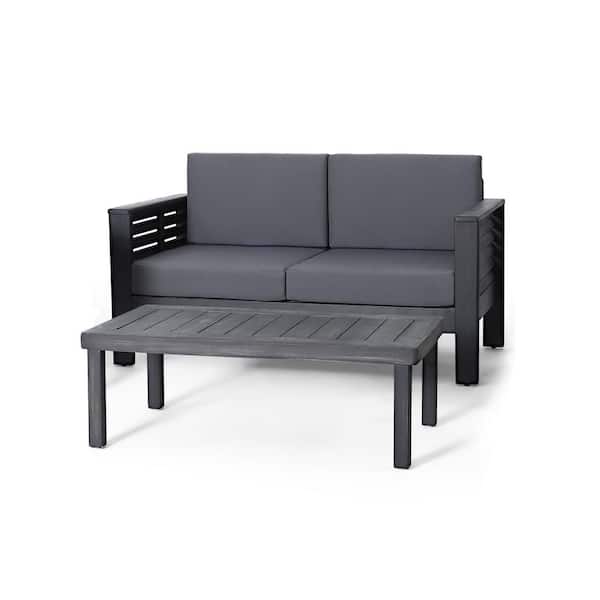 Noble House Dearing Dark Gray Acacia Wood Loveseat and Coffee Table Set with Dark Gray Cushions