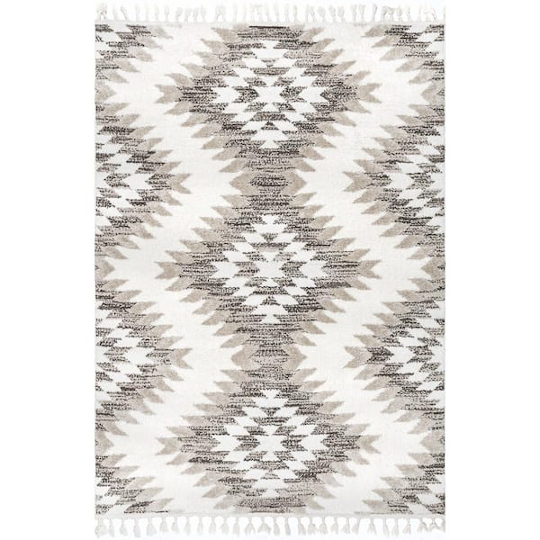 Adelade Aztec High Low Shaggy Tassel Beige 4 ft. x 6 ft. Indoor Area Rug