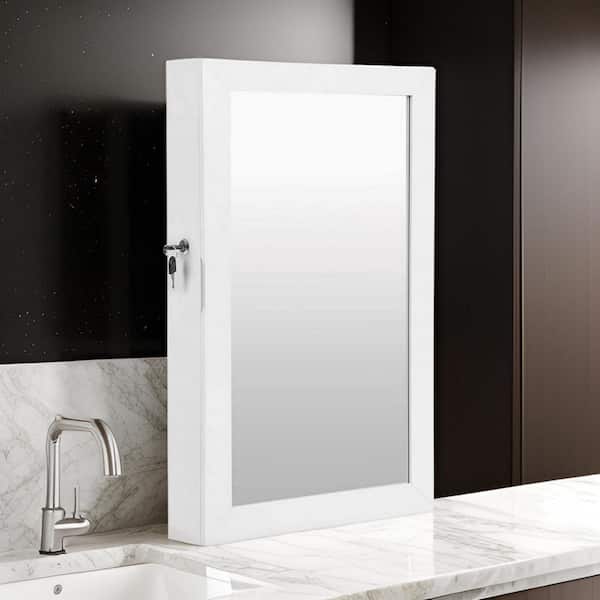 Benjara 14.6 in. White Wall Mountable Jewelry Cabinet with 2 Shelves and Key Lock