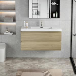 42 in. W Floating Bathroom Vanity in Natural Oak with White Resin Top Basin, Soft Close Drawers