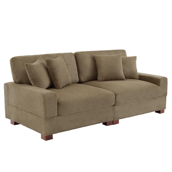 83 in. Square Arm Camel Corduroy Fabric Upholstered Sectional 2-Seats Sofa with Four Pillows