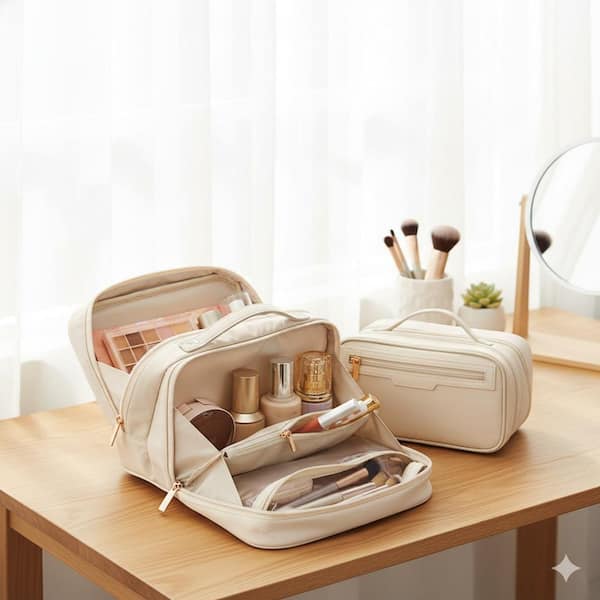 Lynzavix Beige Travel Makeup Toiletry Bag with Multiple