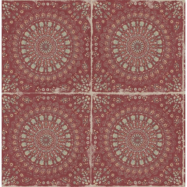 Seabrook Designs Mandala Boho Tile Cabernet and Aloe Green Rustic Paper Strippable Roll (Covers 56.05 sq. ft.)
