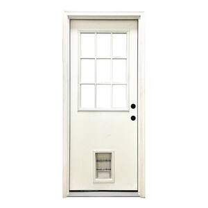 36 in. x 80 in. Reliant Series Clear 9 Lite LHIS White Primed Fiberglass Prehung Front Door with Med Pet Door