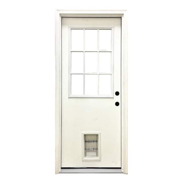 Steves & Sons 32 in. x 80 in. Reliant Series Clear 9 Lite LHIS White Primed Fiberglass Prehung Front Door with Med Pet Door