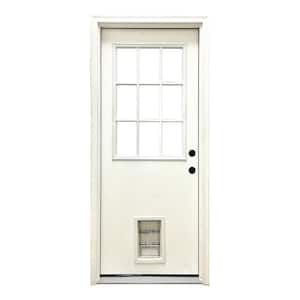 36 in. x 80 in. Reliant Series Clear 9 Lite LHIS White Primed Fiberglass Prehung Front Door with Med Pet Door