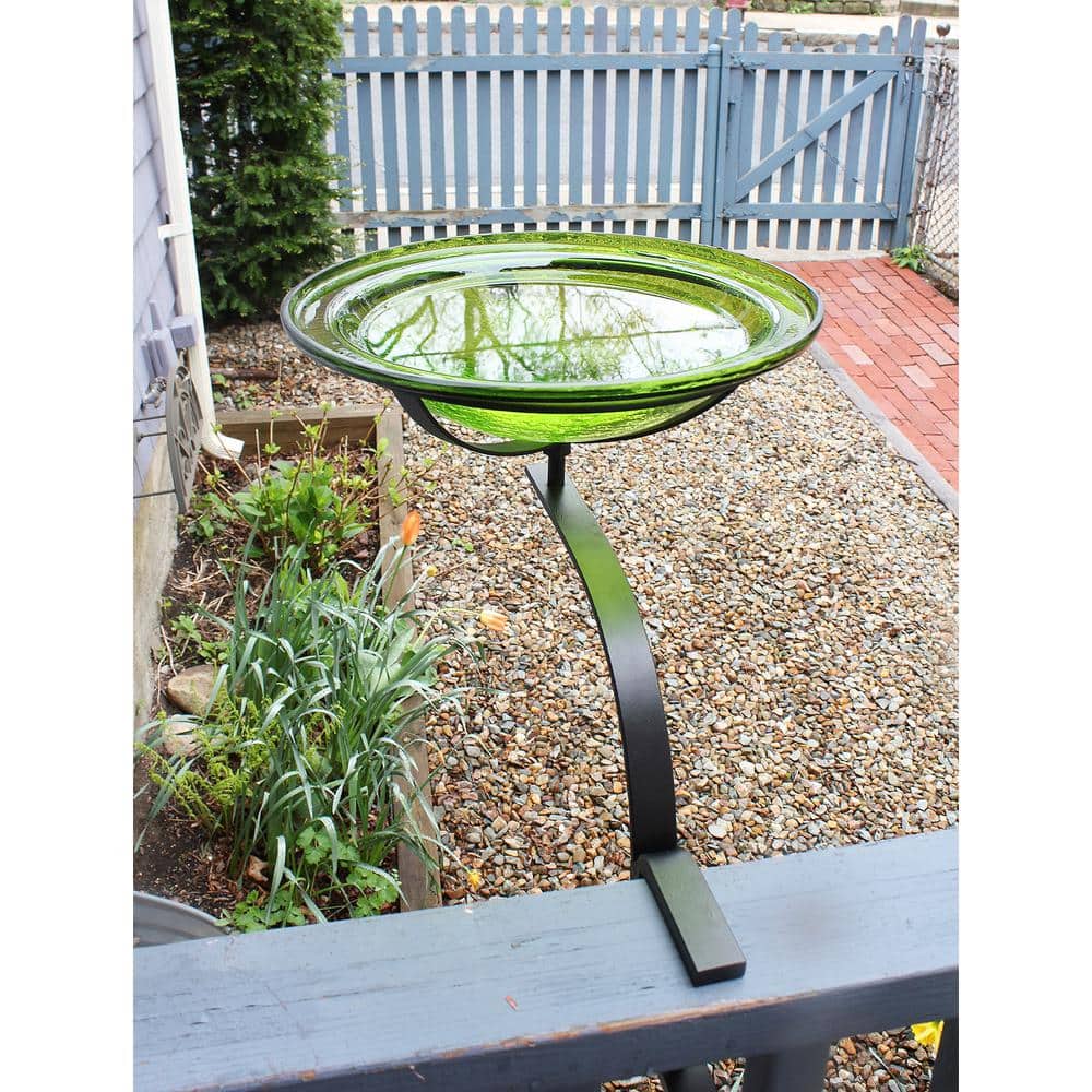 Fern Green Crackle Glass Birdbath with Rail Mount Bracket