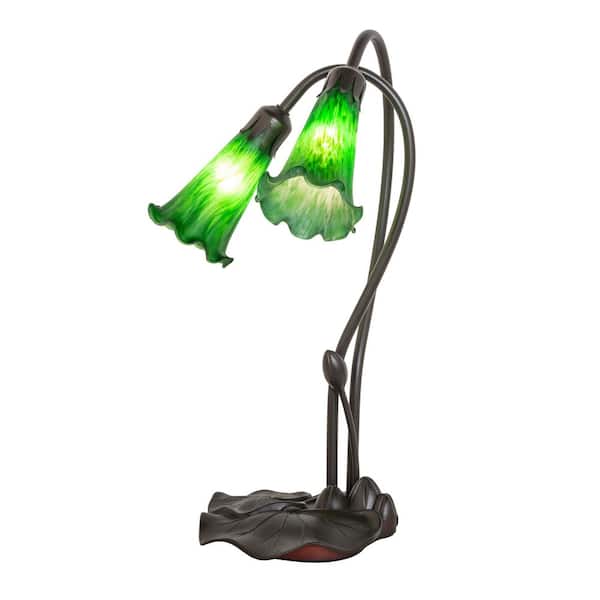 Pond Lily 16 in. Mahogany Bronze Novelty Victorian Accent Table Lamp with Green Glass Shade